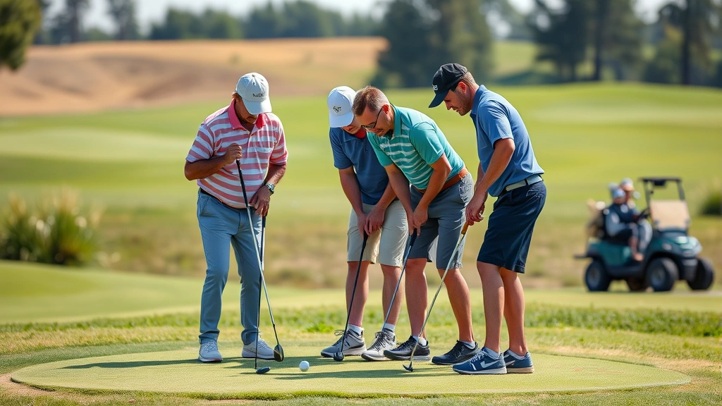 Group of diverse recreational golfers on small putting green during casual round, focused concentration on putt, natural daylight, course maintenance visible in background