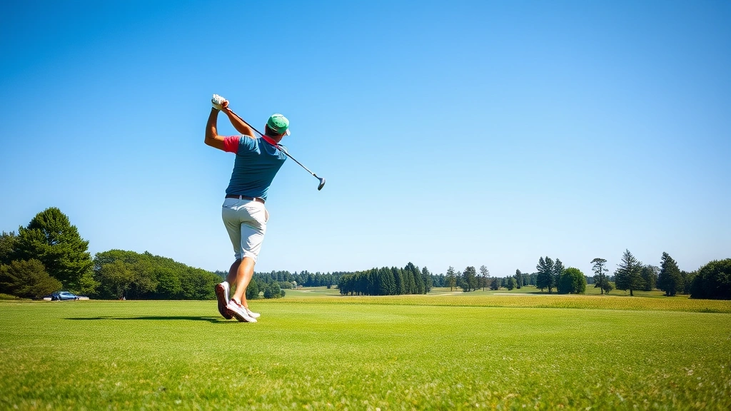 Golfer mid-swing on a well-maintained fairway with lush green grass and distant tree-lined course layout under clear blue sky, professional golf photography