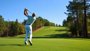 Golfer mid-swing on a scenic Connecticut golf course fairway with trees and green grass, professional form and concentration