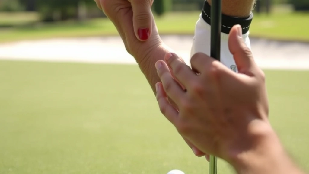 Hands demonstrating proper chipping technique near a golf green with sand bunker visible, close-up instructional view