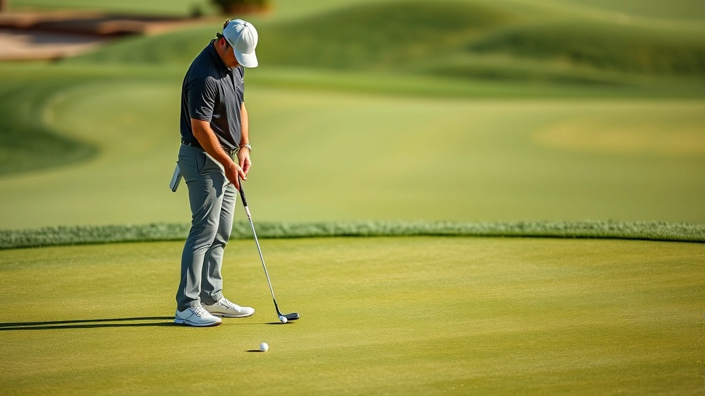 Golfer standing on putting green studying the break and slope before taking their putt, focused expression and body language