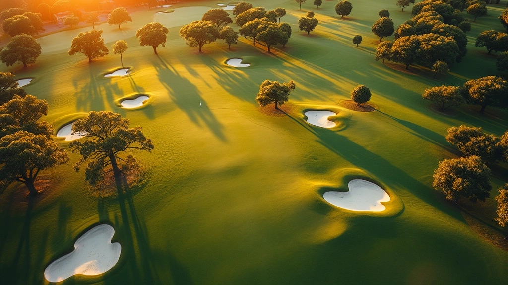 Aerial view of pristine golf course with manicured fairways, sand bunkers, and native trees creating natural frames for each hole, golden sunlight casting long shadows across the green landscape