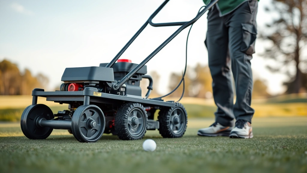 Close-up of golf course groundskeeper operating specialized maintenance equipment on a putting green, demonstrating precision turf care and professional course management techniques