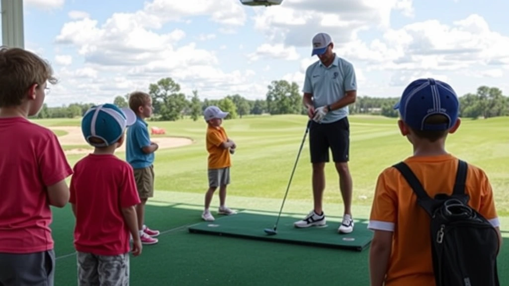 Group of young golfers practicing on a driving range with instructor providing guidance, showing youth development and educational programming at a premium golf facility