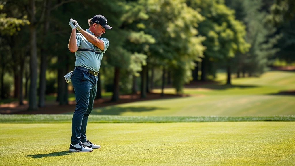 Professional golfer at address position on lush fairway, proper posture and stance demonstration, natural daylight, confident athletic stance with club ready