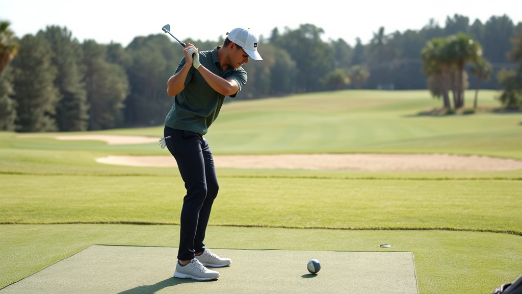 Beginner golfer in proper stance position on driving range, athletic posture with slightly bent knees, professional golf course background with trees and fairway visible