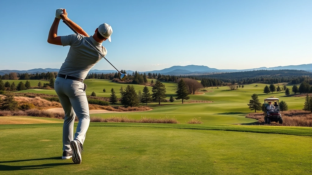 Golfer executing downswing on scenic course with manicured greens and fairways, dynamic motion capture, focused concentration, mid-swing mechanics visible