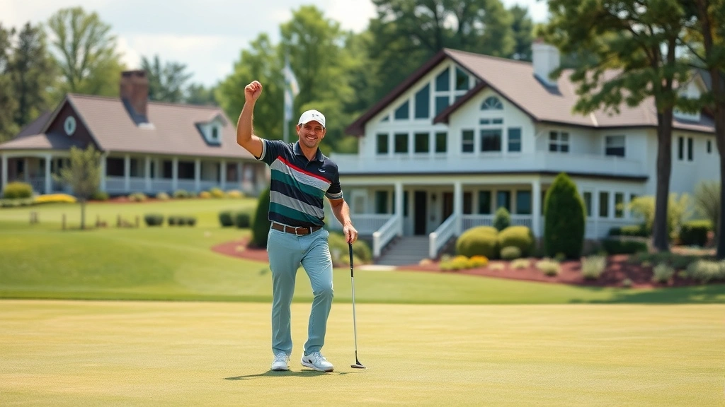 Golfer celebrating successful putt on green with clubhouse visible in background, satisfied expression, professional course setting with maintained landscape