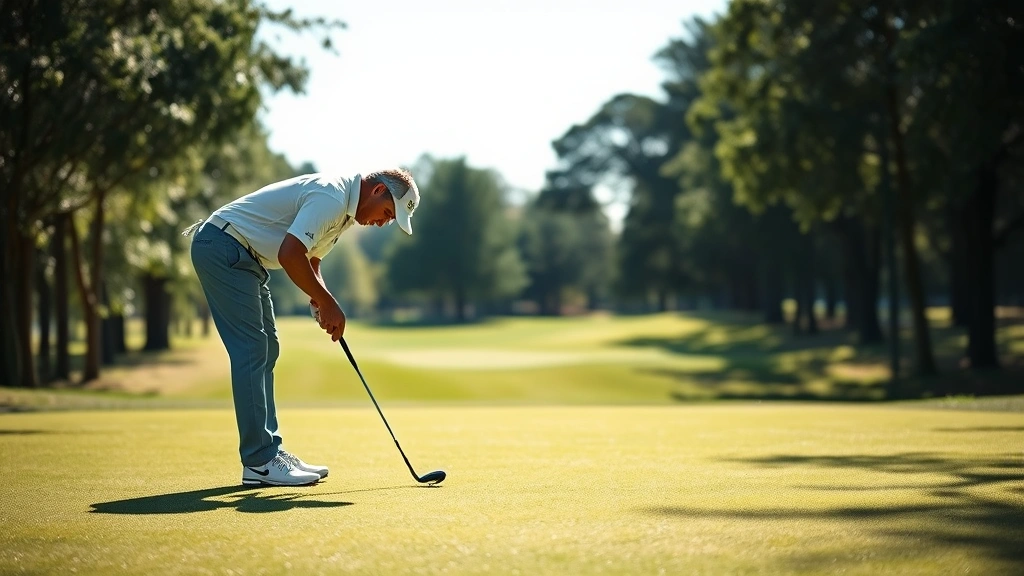 Golfer reading green before putting, bent over examining slope and grass grain, bright daylight, well-maintained golf course environment with trees framing the scene
