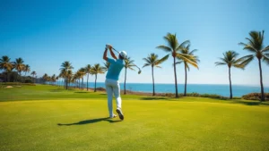 Golfer in bright sunlight practicing swing on lush green fairway with palm trees lining the course, clear blue sky overhead, coastal setting