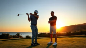Professional golf instructor demonstrating proper grip and stance to student on practice range during golden hour, clear coastal sky, focused instruction moment