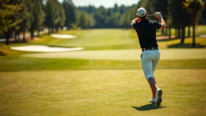 Professional golfer mid-swing on manicured golf course with fairway and green visible, natural daylight, focused athletic form