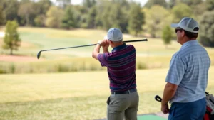 Beginner golfer practicing swing at driving range with instructor guidance, natural daylight, peaceful course setting, focus on proper form and technique development