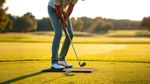 Professional golfer in proper stance addressing golf ball on tee box, focused expression, morning sunlight, well-maintained fairway visible in background, neutral colored golf attire