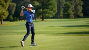 Golfer in athletic stance position demonstrating proper posture and alignment on a lush fairway with trees in background, professional sports photography