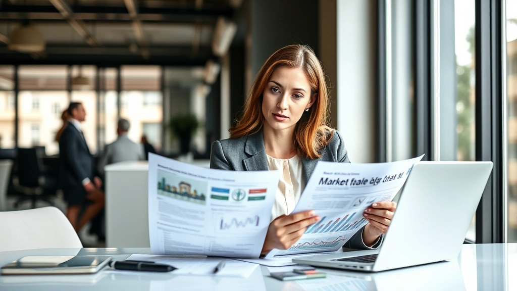 Professional woman in business attire studying real estate documents and market reports at a modern desk with laptop, natural window lighting, focused expression, contemporary office environment