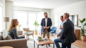 Professional licensed real estate agent conducting property consultation with prospective buyers in bright, modern living room with contemporary furnishings and natural lighting