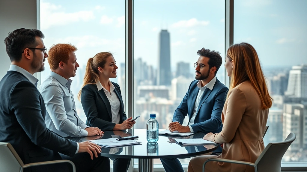 Diverse group of real estate professionals in business casual clothing having collaborative discussion in modern conference room with city skyline visible through large windows, engaged conversation