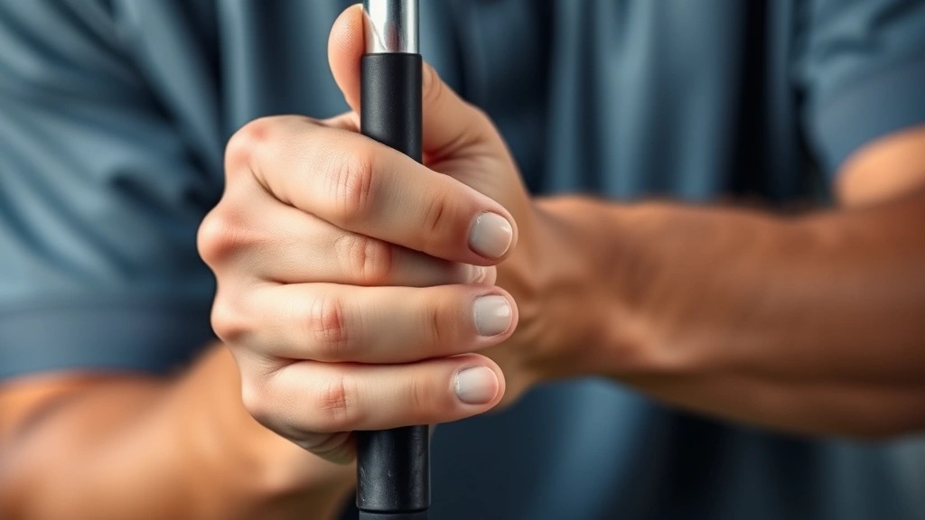 Close-up of hands demonstrating proper golf grip on club with relaxed finger positioning, professional photography showing club face alignment and hand coordination