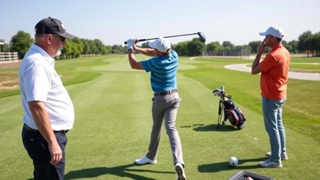 Golf instructor observing student's swing sequence from multiple angles, outdoor practice facility, focus on body rotation and posture alignment, clear day