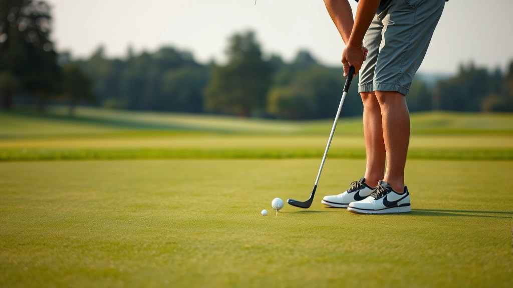 Golfer on putting green concentrating on short putt with proper posture, well-maintained grass green with flag in hole, peaceful course environment