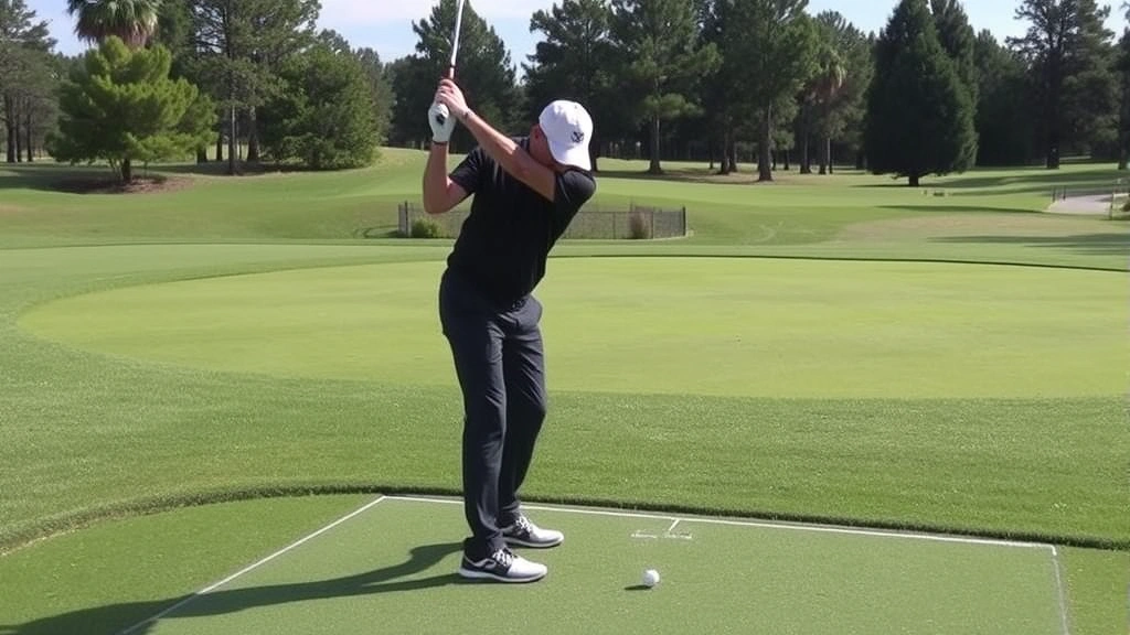 Golfer practicing short game shots near green, chipping and pitching technique demonstration, manicured practice area with various distances marked, concentration evident