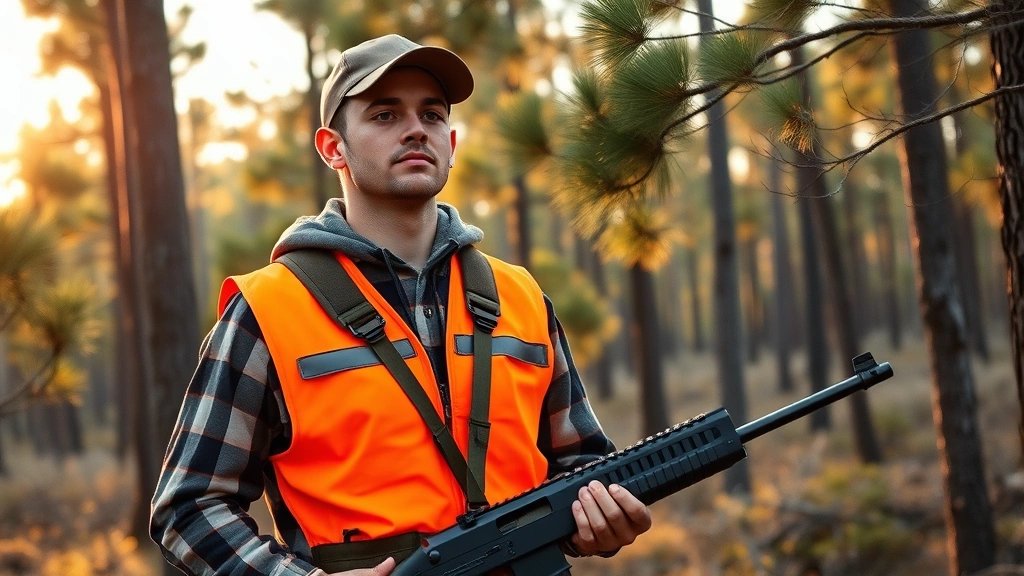 A young adult male hunter in blaze orange safety vest holding a rifle safely at their side, standing in a Georgia forest with pine and oak trees, golden morning light filtering through branches, professional and focused expression, outdoor education setting