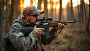 Experienced hunter in camouflage clothing properly holding rifle with correct posture and safety stance in outdoor forest setting during golden hour, demonstrating proper firearm handling technique