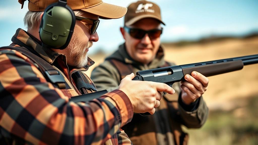 Close-up of an experienced hunter instructor demonstrating proper firearm grip and stance to a student, both wearing safety glasses, hands-on instruction at an outdoor range, clear sky, showing proper technique and safety positioning