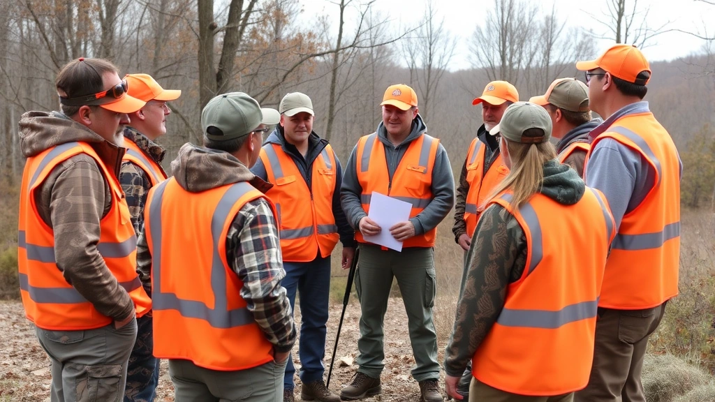 Diverse group of adult hunters in blaze orange safety vests gathered around certified instructor during classroom-style outdoor hunter education training session with natural woodland background