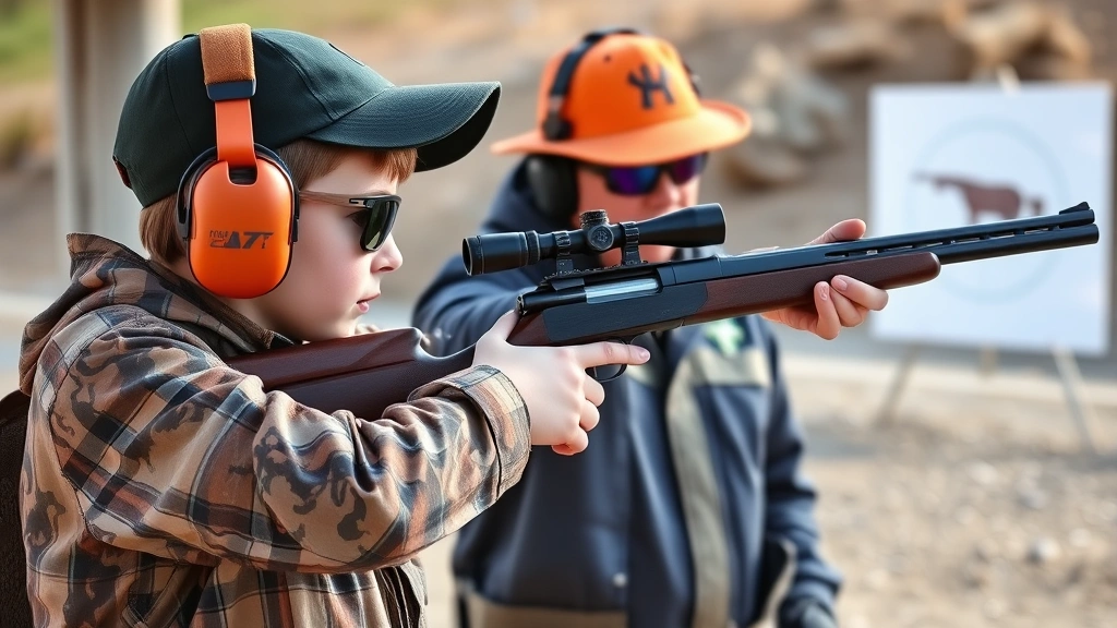 Young hunter practicing at outdoor shooting range with safety equipment, wearing eye and ear protection, focused on target, with instructor supervising proper technique and firearm control