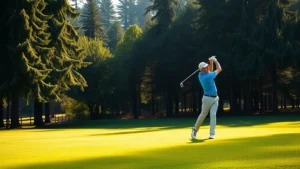 Golfer mid-swing on lush fairway with mature trees in background, Pacific Northwest landscape, morning sunlight filtering through trees, professional golf setting