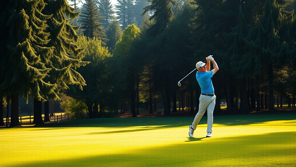 Golfer mid-swing on lush fairway with mature trees in background, Pacific Northwest landscape, morning sunlight filtering through trees, professional golf setting
