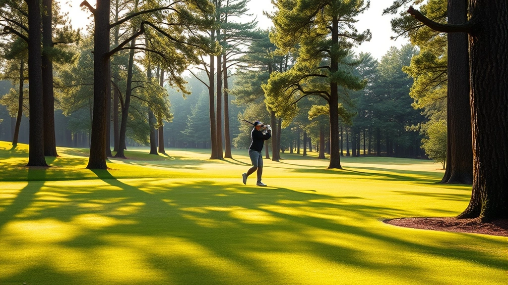Golfer mid-swing on a scenic fairway surrounded by tall trees and manicured grass, morning light filtering through branches, peaceful natural setting
