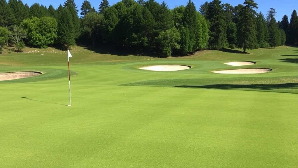 Golf course putting green with bunkers in background, well-manicured grass, scenic natural landscape, clear day with blue sky, quality course conditioning