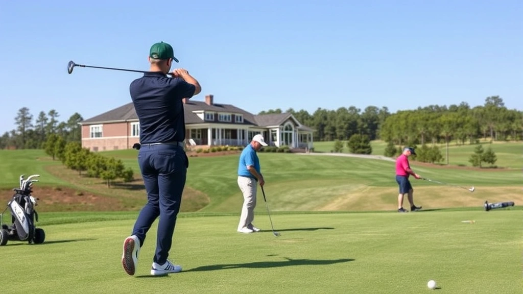 Golf course clubhouse with practice range visible in background, golfers warming up with drivers, clear sky, professional facility appearance