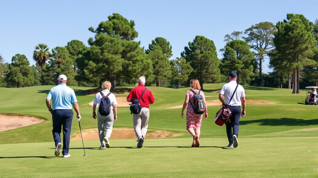 Group of golfers walking on fairway with golf bag, natural terrain with elevation changes, trees lining the course, relaxed recreational golf atmosphere