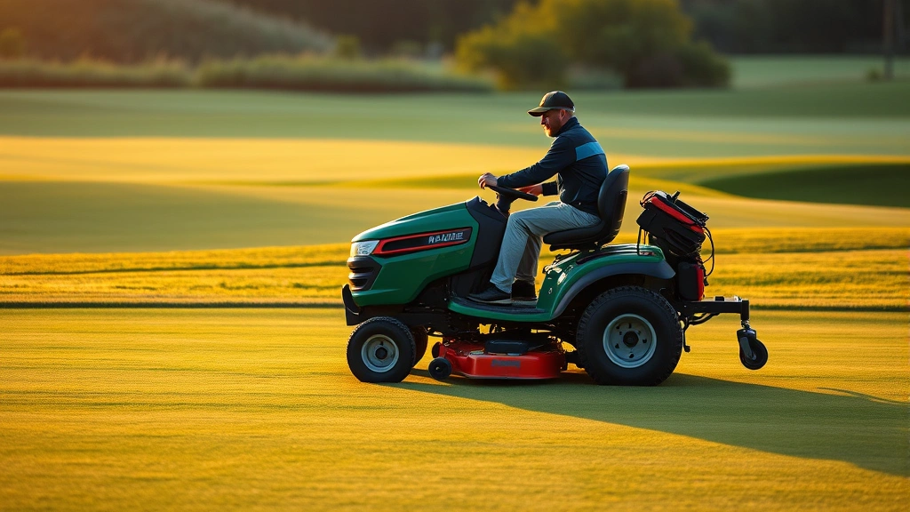 Professional groundskeeper operating riding mower on pristine golf fairway at sunrise, green landscape background, early morning light
