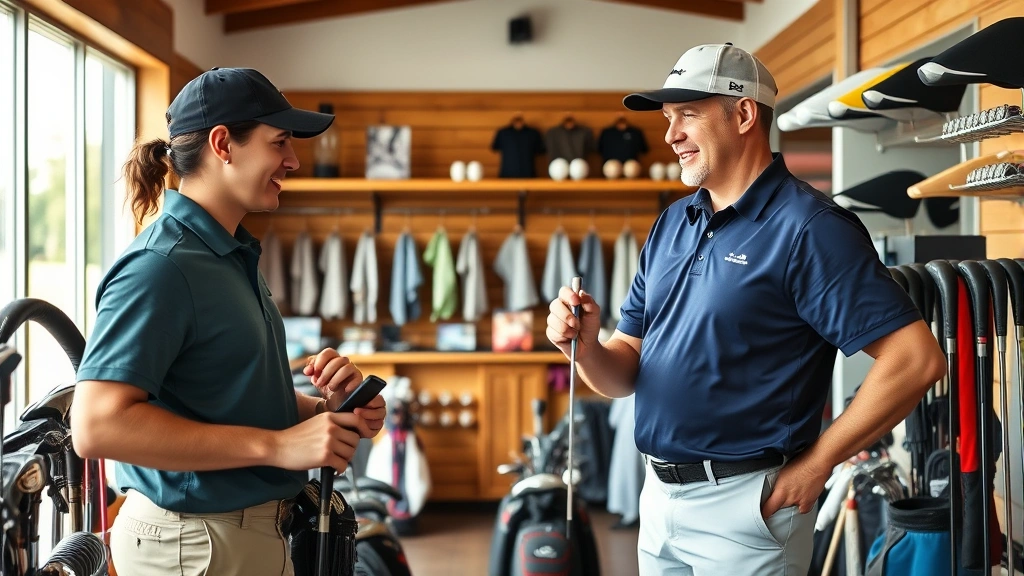 Golf pro shop interior with friendly staff member assisting customer with equipment, natural lighting, professional golf retail environment