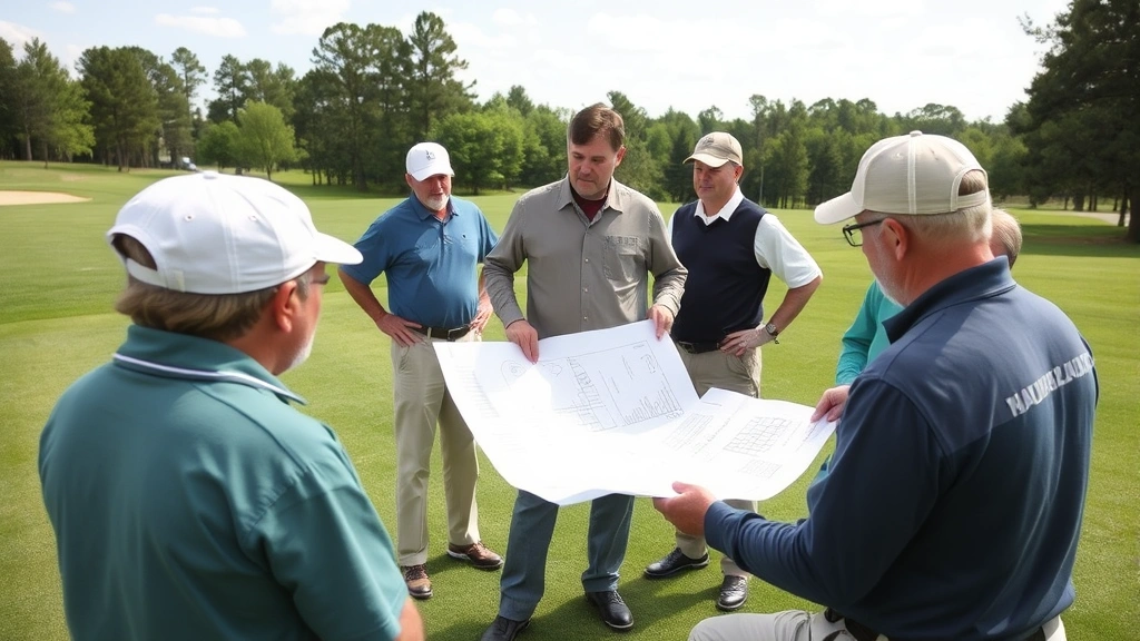 Golf course superintendent reviewing course maintenance plans with team members, discussing turf management in outdoor setting, collaborative professional atmosphere
