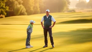 Experienced golf course superintendent in professional attire standing on pristine manicured green fairway during early morning sunlight, surveying course conditions with confident posture, lush grass and distant trees visible, natural outdoor lighting