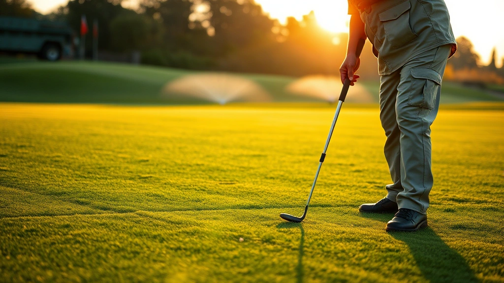 Professional superintendent in khaki uniform inspecting pristine green grass on golf course fairway during sunrise with irrigation equipment visible in background