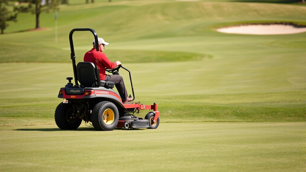 Experienced groundskeeper operating riding mower on championship golf course with manicured fairways and bunkers, demonstrating equipment expertise and field work