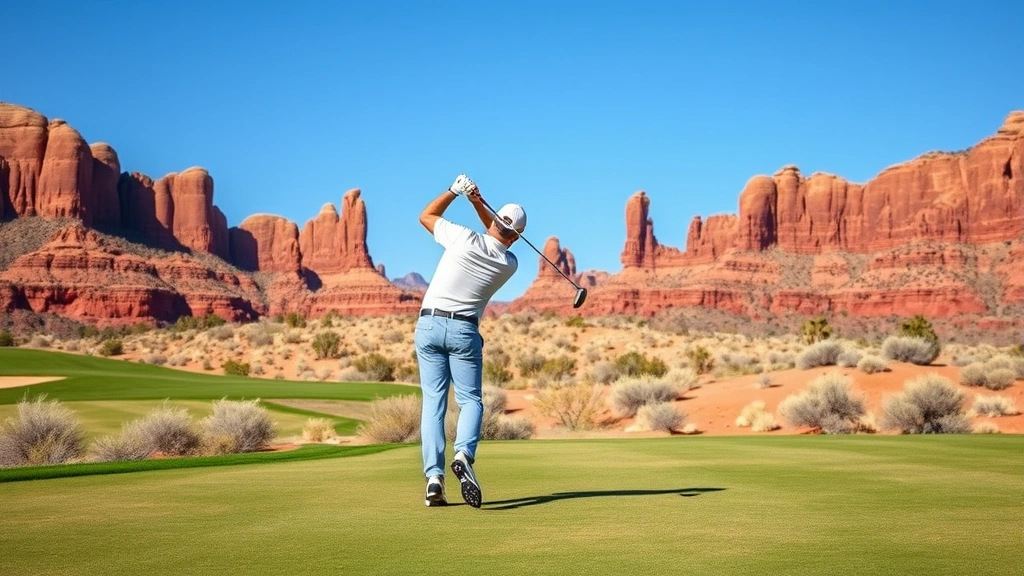 Golfer mid-swing on desert golf course with red rock formations visible in background, professional golfer in action, clear blue sky, natural southwestern landscape
