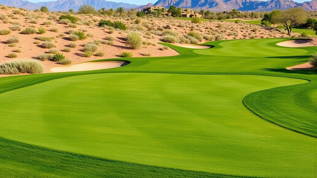 Well-maintained fairway with manicured grass, sand bunkers, and desert vegetation, professional course conditioning, natural lighting, scenic course routing through terrain