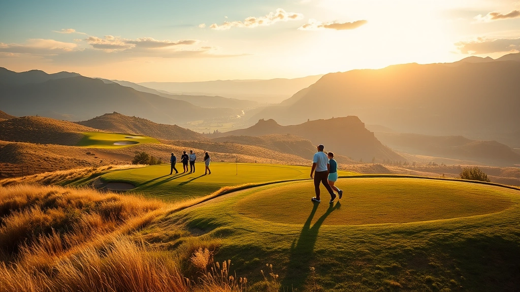 Golfers walking on elevated tee box overlooking scenic valley landscape, small group of players enjoying course, golden hour lighting, championship course design visible