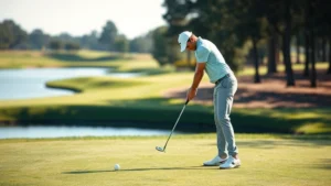 Professional golfer executing a precise approach shot on manicured fairway with water hazard visible in background, focused concentration on face, afternoon sunlight