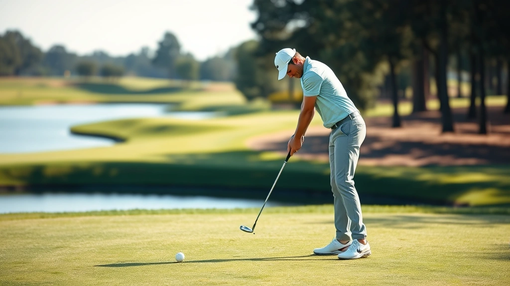 Professional golfer executing a precise approach shot on manicured fairway with water hazard visible in background, focused concentration on face, afternoon sunlight
