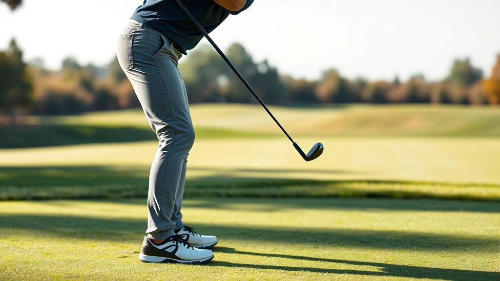 Golfer in athletic stance demonstrating proper posture at address position, viewed from side angle, natural outdoor golf course setting with manicured fairway and green grass