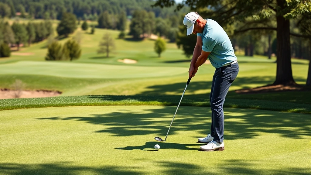 Golfer practicing chip shots on practice green with varied distances, demonstrating proper stance and swing technique, beautiful golf course landscape background